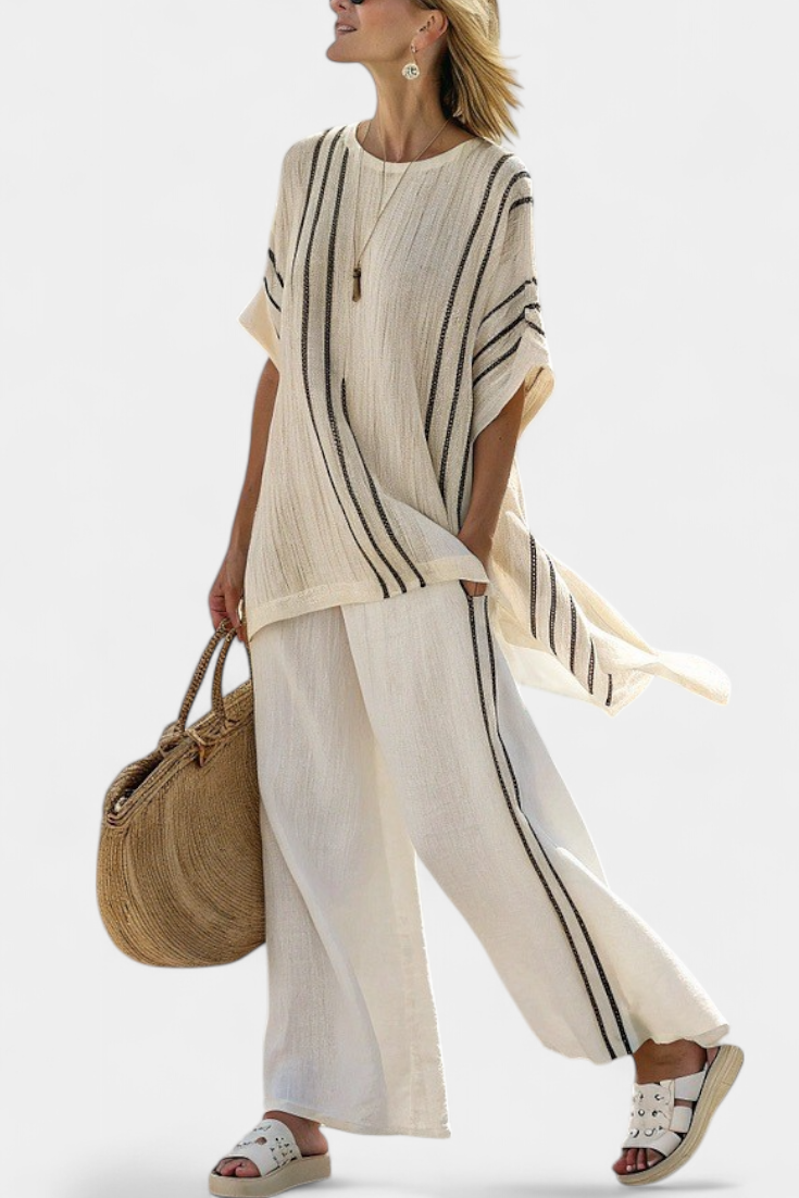 Greysen | Elegant Ivory Linen Blouse &amp; Black Striped Pants - Maison Léa &amp; Lou