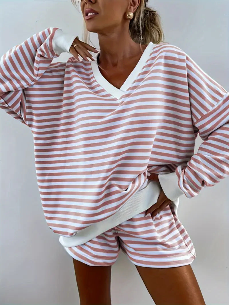 NOLANI™ – Relaxed Fit Striped V-Neck Lounge Set - Maison Léa &amp; Lou