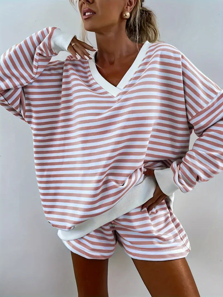 NOLANI™ – Relaxed Fit Striped V-Neck Lounge Set - Maison Léa &amp; Lou