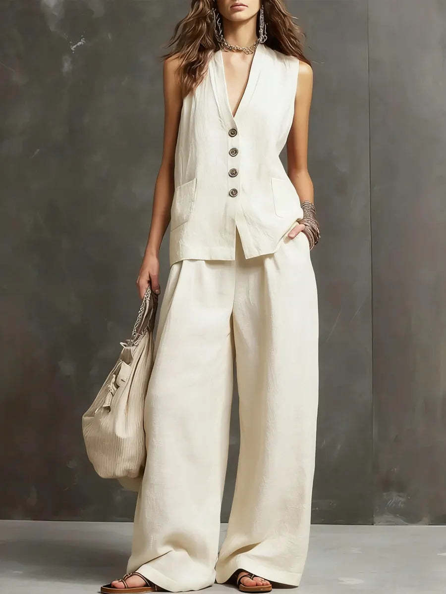 Completo due pezzi in cotone e lino con gilet senza maniche e pantaloni a gamba larga