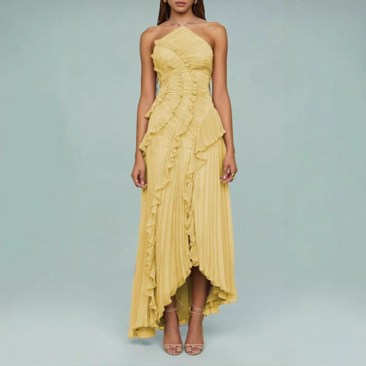 REGINE™ - Elegant Halter Neck Lotus Summer Maxi Dress - Maison Léa &amp; Lou