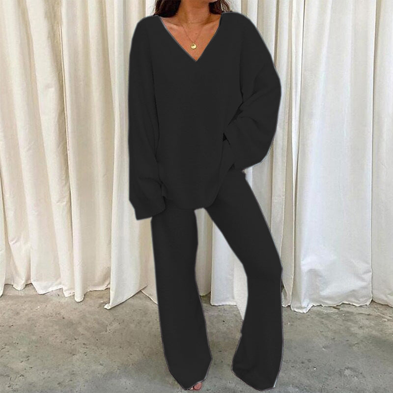 MULANA™ - Chic V-Neck Top and Wide Leg Pants Set - Maison Léa &amp; Lou