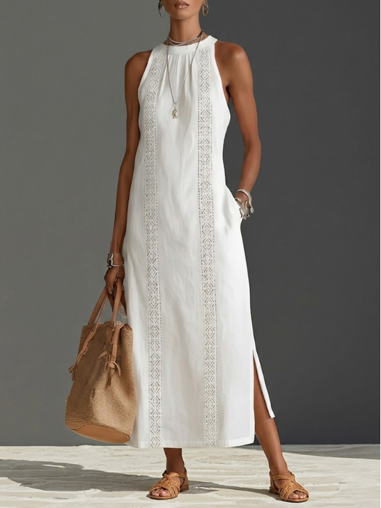 Alessandra | Abito maxi bianco in lino elegante