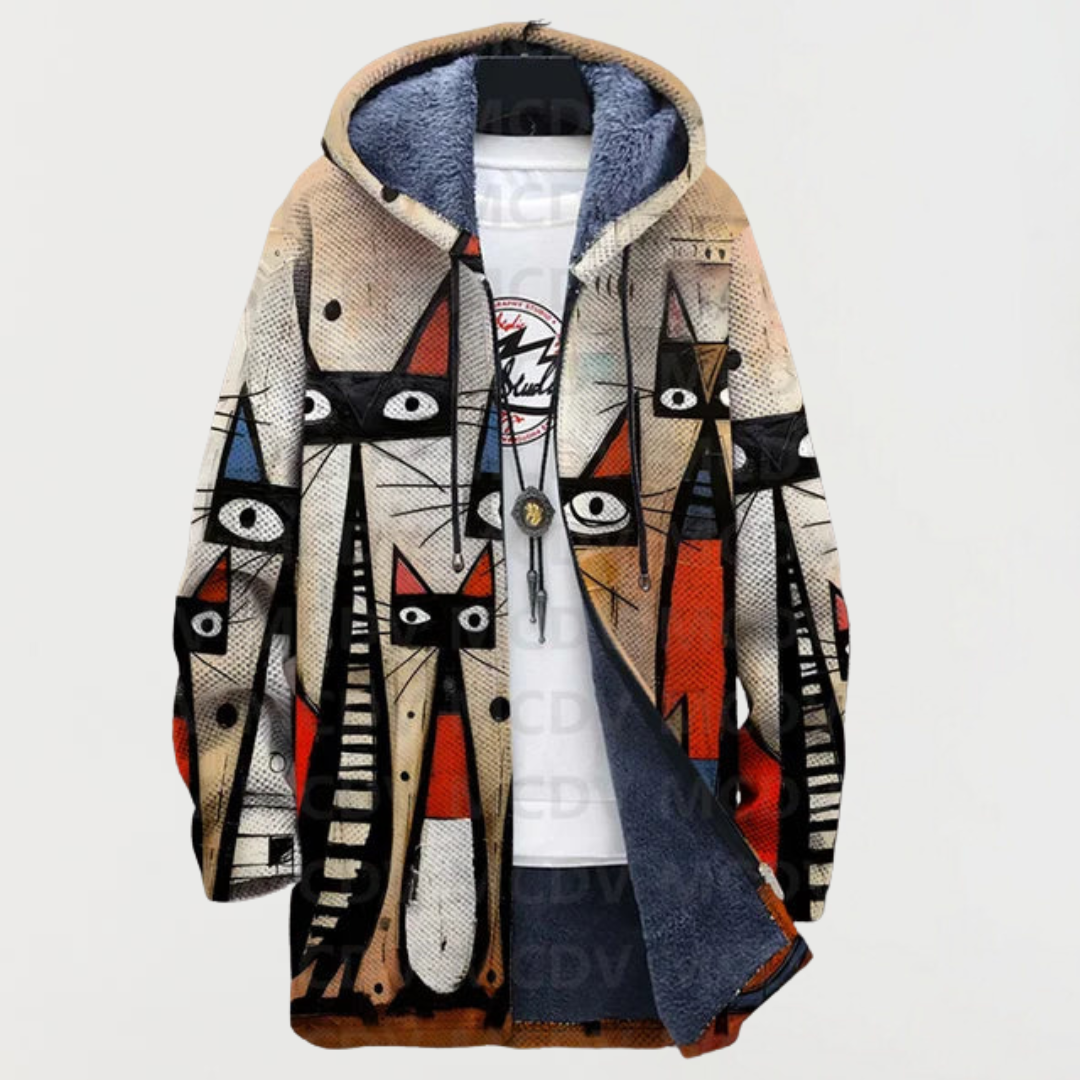 Ellis | Abstract Cat Print Hooded Coat - Maison Léa & Lou