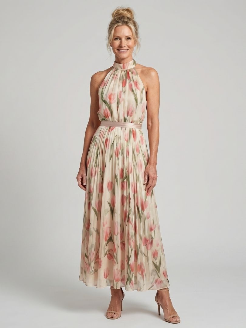 Aurelle | Halter Neck Floral Midi Dress - Maison Léa & Lou