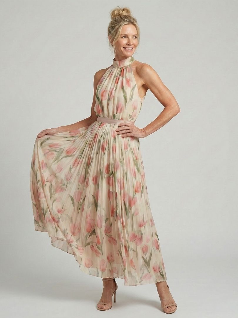 Aurelle | Halter Neck Floral Midi Dress - Maison Léa &amp; Lou