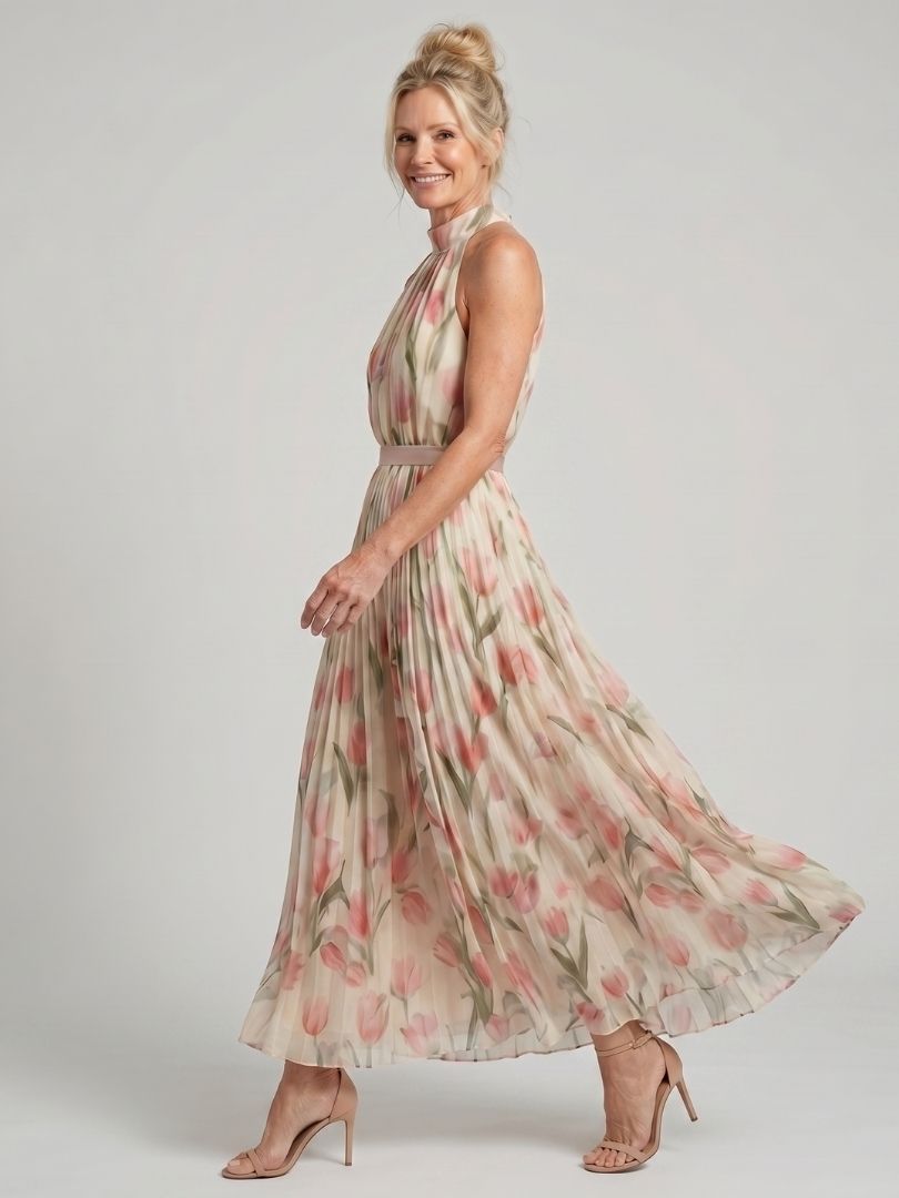 Aurelle | Halter Neck Floral Midi Dress - Maison Léa &amp; Lou