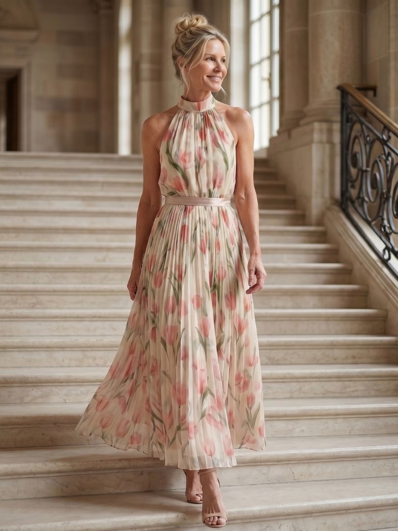 Aurelle | Halter Neck Floral Midi Dress - Maison Léa &amp; Lou