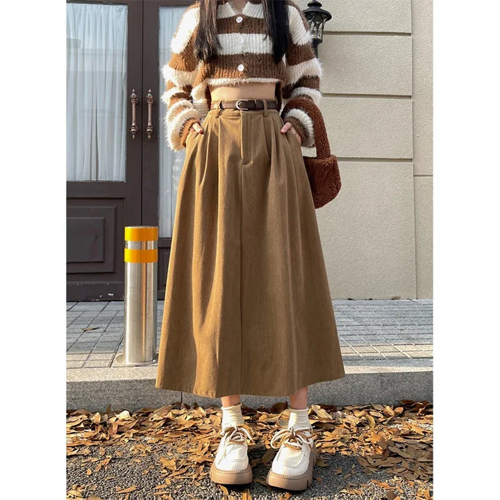 ESTELLE™ – Classic Belt Corduroy Midi Skirt - Maison Léa &amp; Lou
