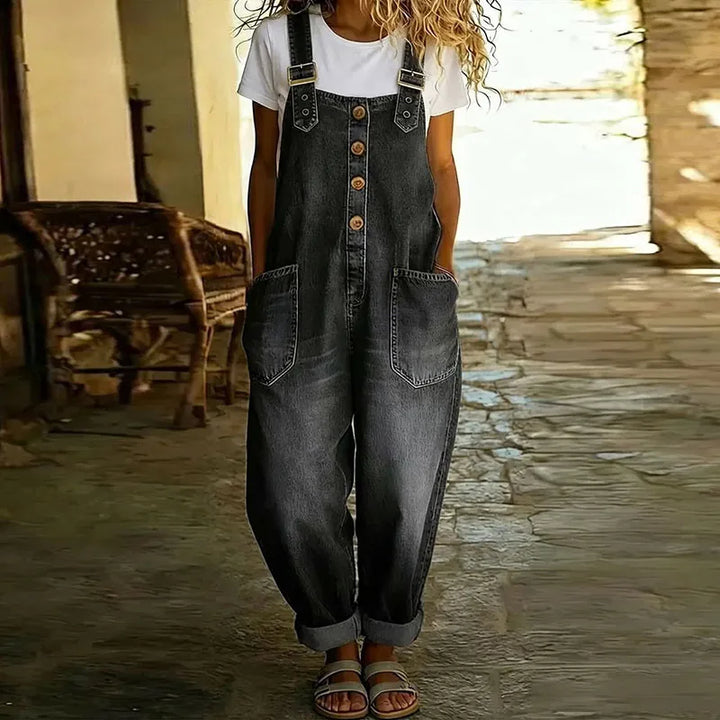 Mae | Vintage Soft Cotton Denim-Look Overalls with Adjustable straps - Maison Léa &amp; Lou