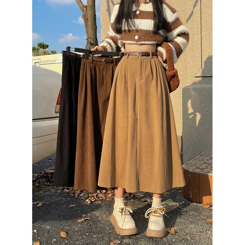 ESTELLE™ – Classic Belt Corduroy Midi Skirt - Maison Léa & Lou