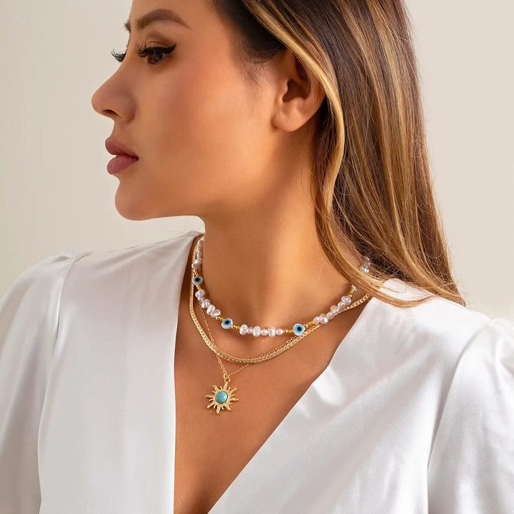 Set di Collane a Strati Parel &amp; Occhio Maligno – Ciondolo Sole Boho
