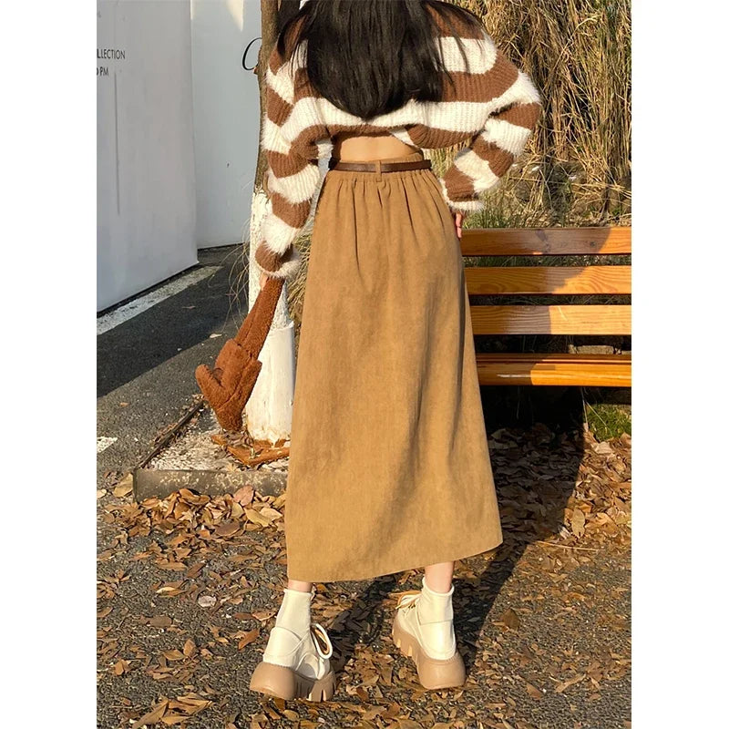 ESTELLE™ – Classic Belt Corduroy Midi Skirt - Maison Léa &amp; Lou