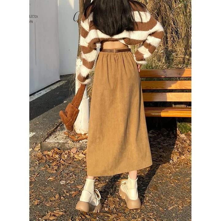 ESTELLE™ – Classic Belt Corduroy Midi Skirt - Maison Léa &amp; Lou