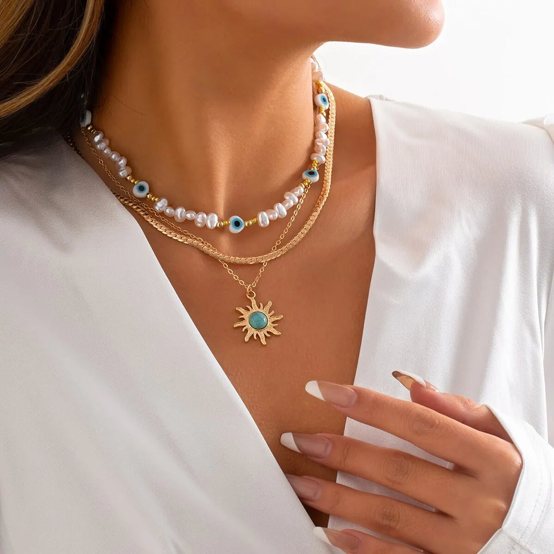 Set di Collane a Strati Parel &amp; Occhio Maligno – Ciondolo Sole Boho