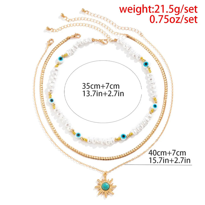 Set di Collane a Strati Parel &amp; Occhio Maligno – Ciondolo Sole Boho