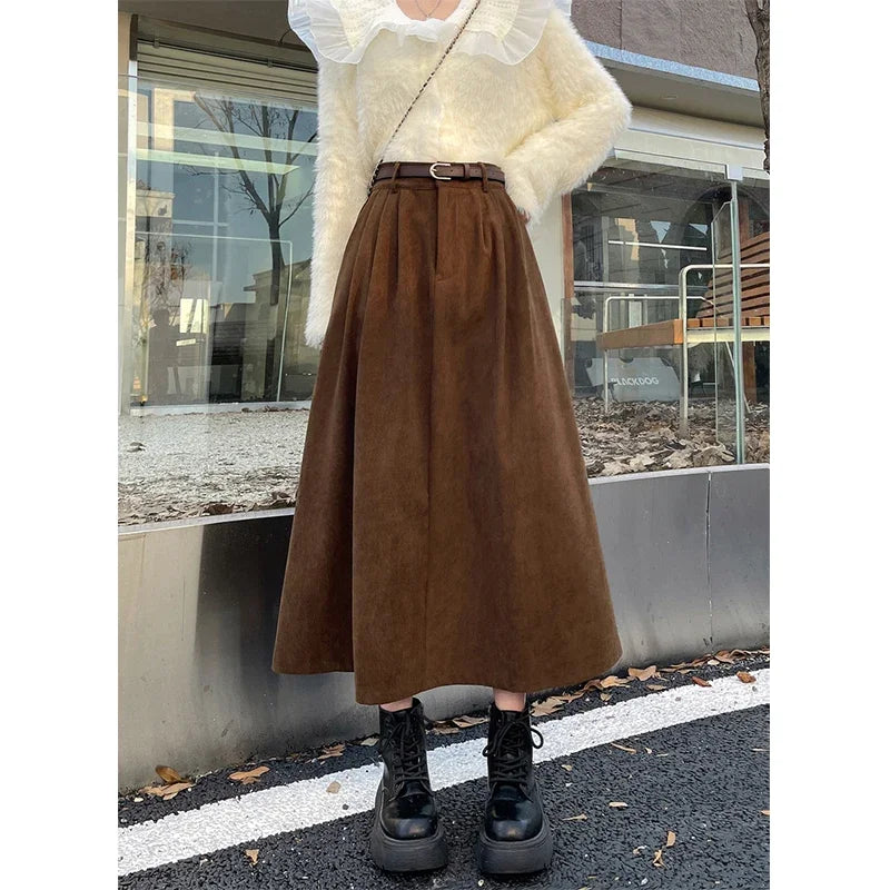 ESTELLE™ – Classic Belt Corduroy Midi Skirt - Maison Léa &amp; Lou