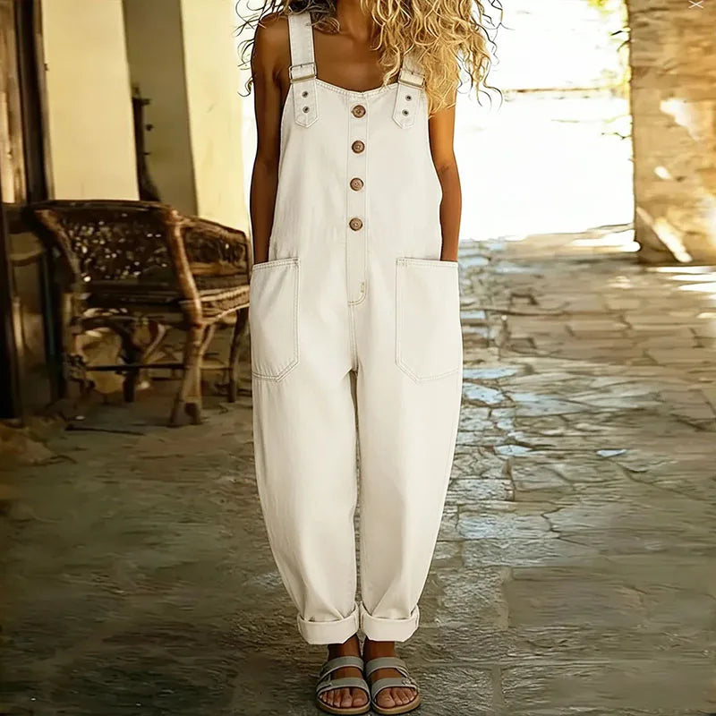 Mae | Vintage Soft Cotton Denim-Look Overalls with Adjustable straps - Maison Léa &amp; Lou
