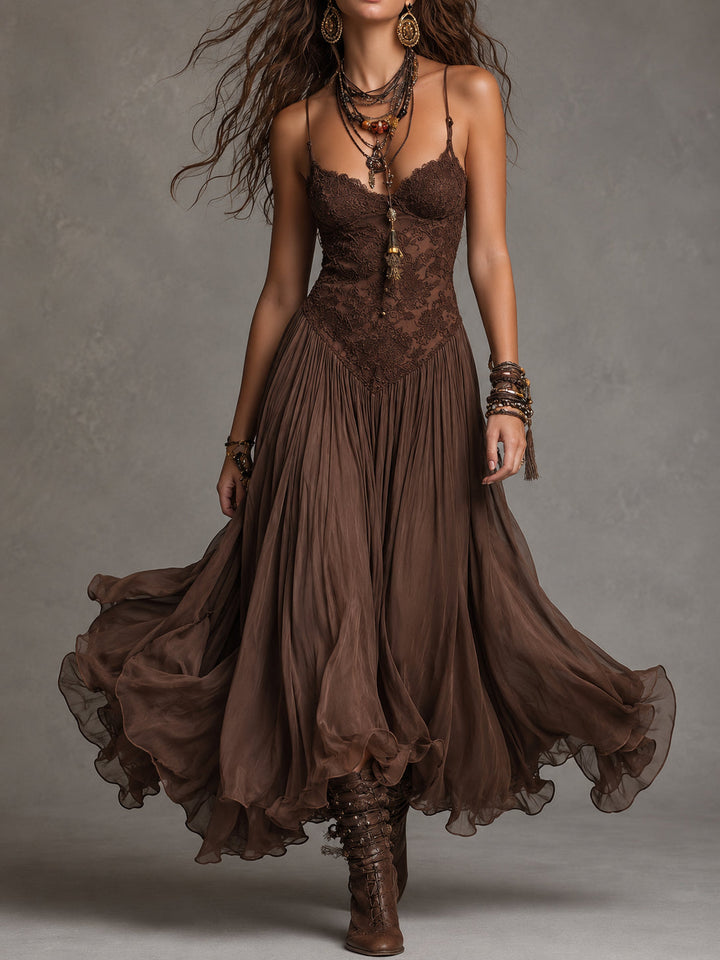 Ofelia | Abito lungo in chiffon e pizzo marrone dal fascino romantico boho