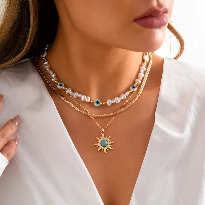 Set di Collane a Strati Parel &amp; Occhio Maligno – Ciondolo Sole Boho