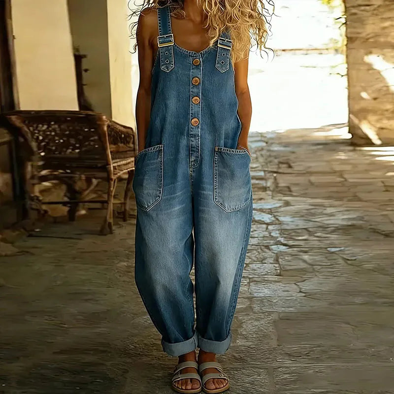 Mae | Vintage Soft Cotton Denim-Look Overalls with Adjustable straps - Maison Léa &amp; Lou