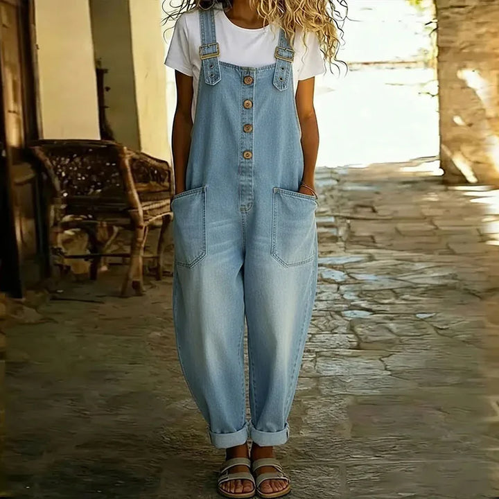 Mae | Vintage Soft Cotton Denim-Look Overalls with Adjustable straps - Maison Léa &amp; Lou