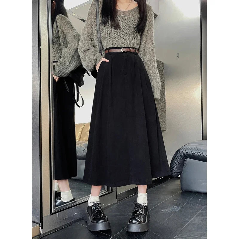 ESTELLE™ – Classic Belt Corduroy Midi Skirt - Maison Léa & Lou