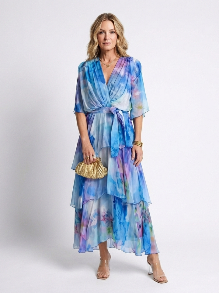 Calista | Sheer Layered V Neck Tie Waist Maxi Dress - Maison Léa &amp; Lou