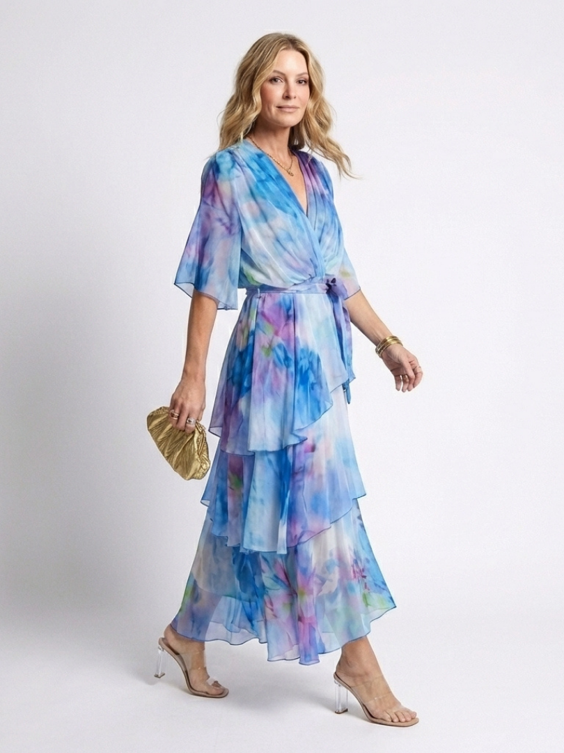 Calista | Sheer Layered V Neck Tie Waist Maxi Dress - Maison Léa &amp; Lou