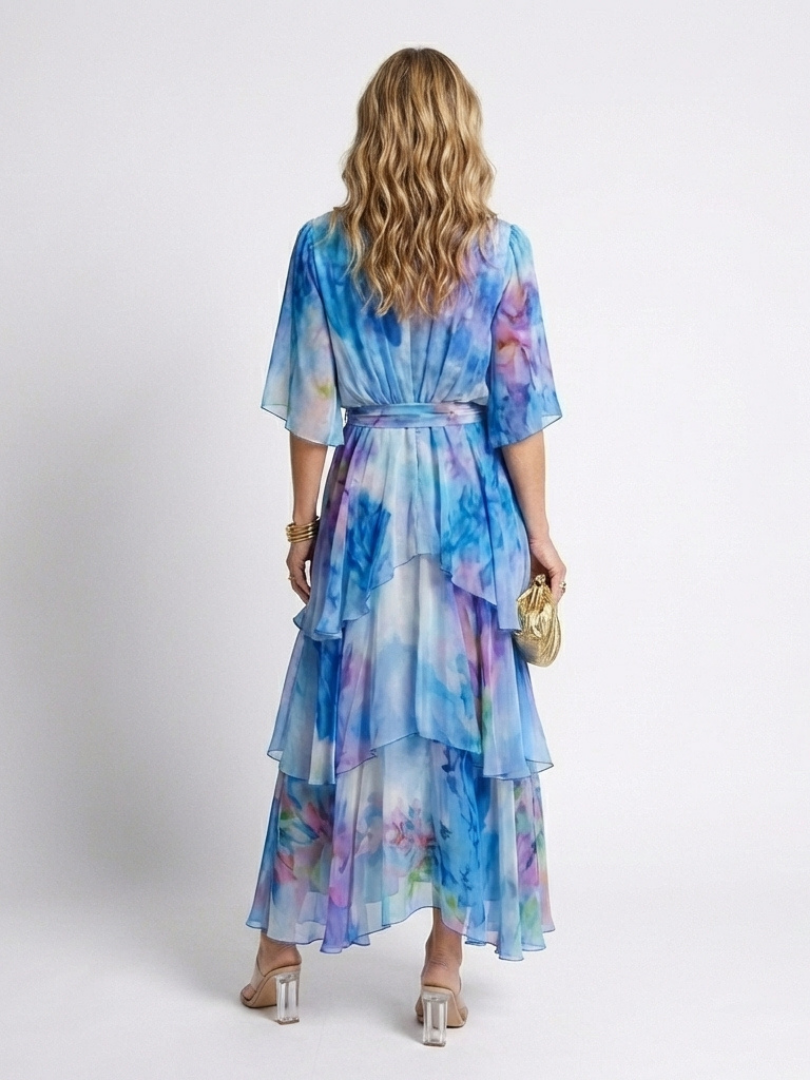 Calista | Sheer Layered V Neck Tie Waist Maxi Dress - Maison Léa &amp; Lou