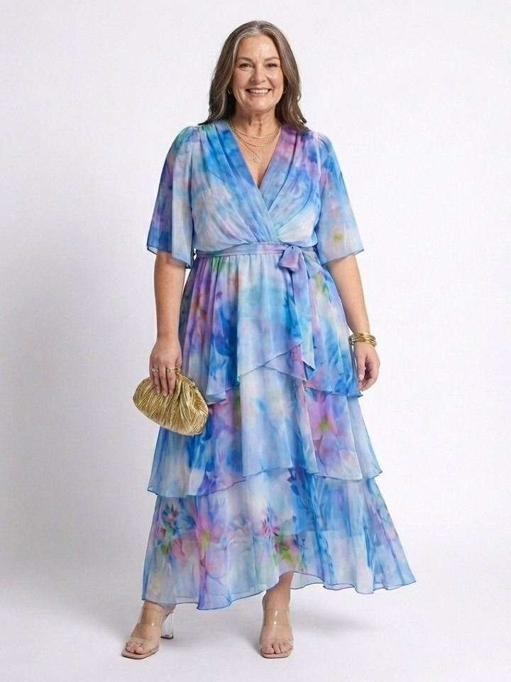Calista | Sheer Layered V Neck Tie Waist Maxi Dress - Maison Léa &amp; Lou