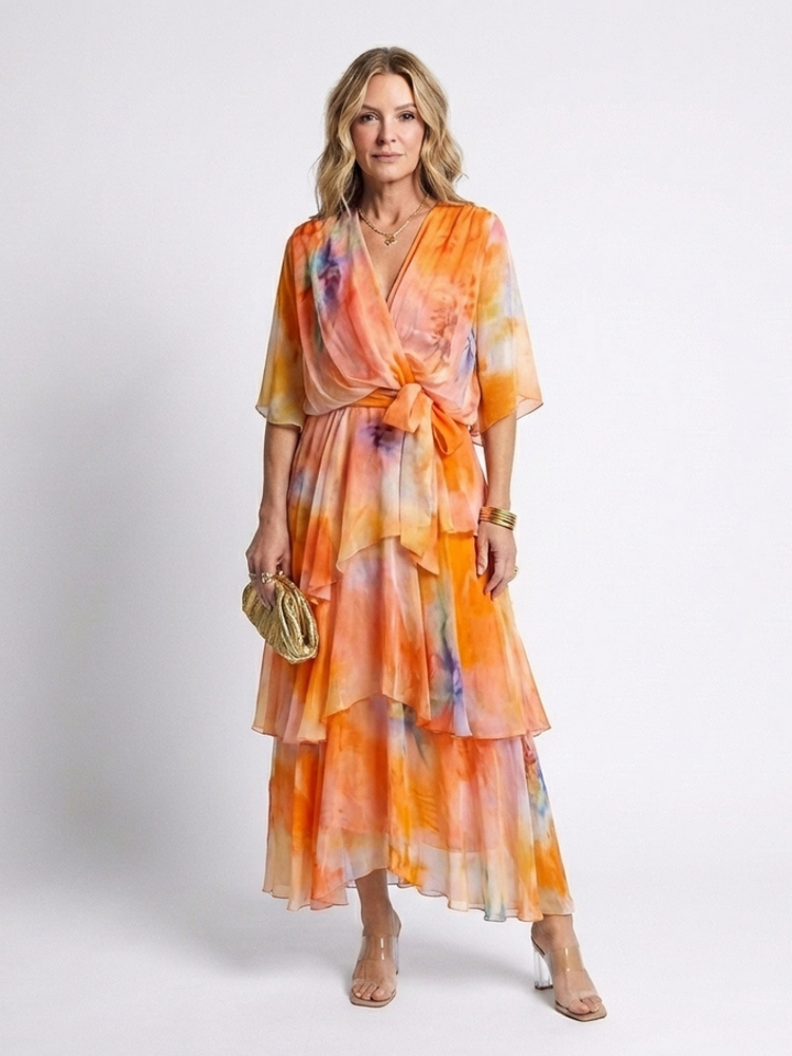 Calista | Sheer Layered V Neck Tie Waist Maxi Dress - Maison Léa &amp; Lou