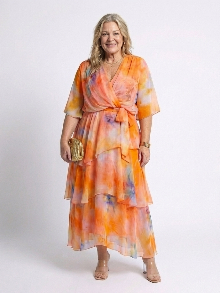 Calista | Sheer Layered V Neck Tie Waist Maxi Dress - Maison Léa &amp; Lou