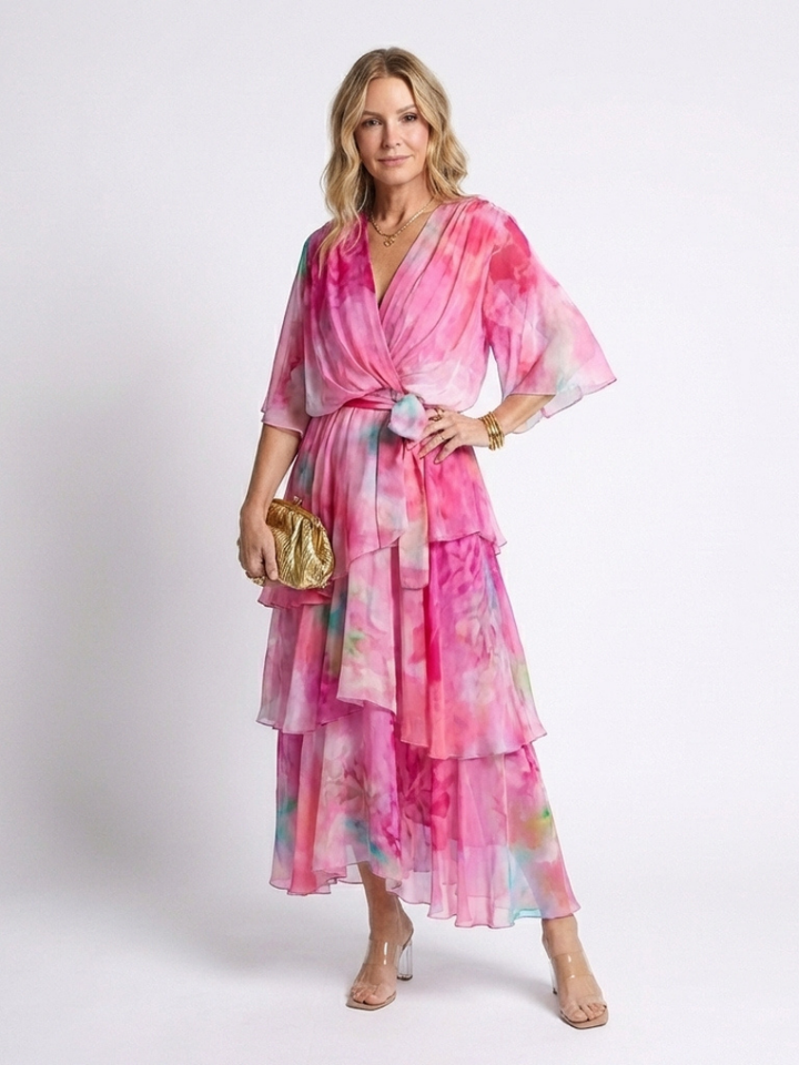 Calista | Sheer Layered V Neck Tie Waist Maxi Dress - Maison Léa &amp; Lou