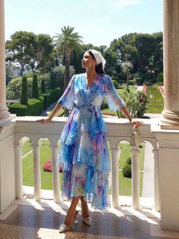 Calista | Sheer Layered V Neck Tie Waist Maxi Dress - Maison Léa &amp; Lou