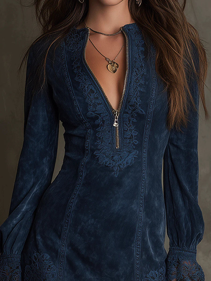 Eudora Vintage Blue Suede Lace Trim Mini Dress