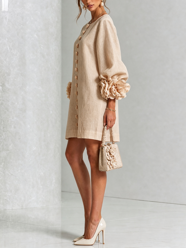 Ambra | Relaxed Mini Dress with Rose Cuffs, Beige - Maison Léa &amp; Lou