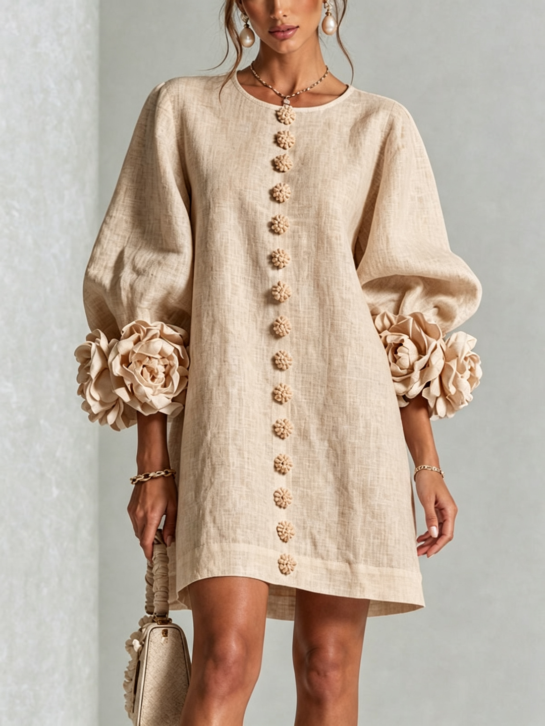 Ambra | Relaxed Mini Dress with Rose Cuffs, Beige - Maison Léa & Lou
