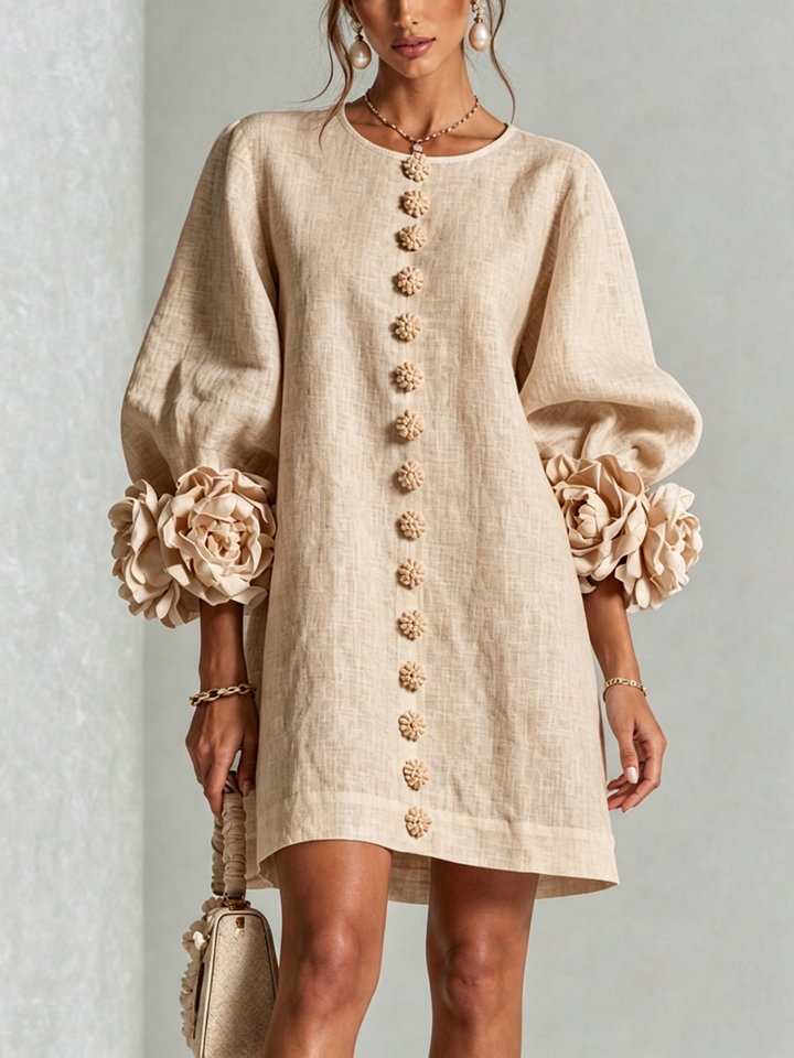 Ambra | Relaxed Mini Dress with Rose Cuffs, Beige - Maison Léa &amp; Lou