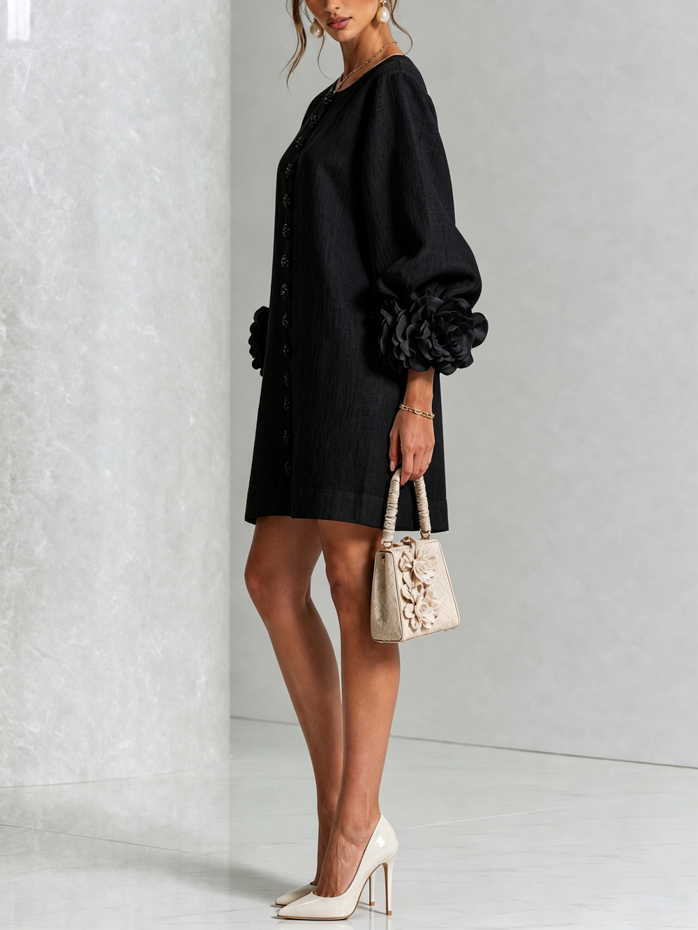 Cecilia | Relaxed Mini Dress with Rose Cuffs, Black - Maison Léa & Lou