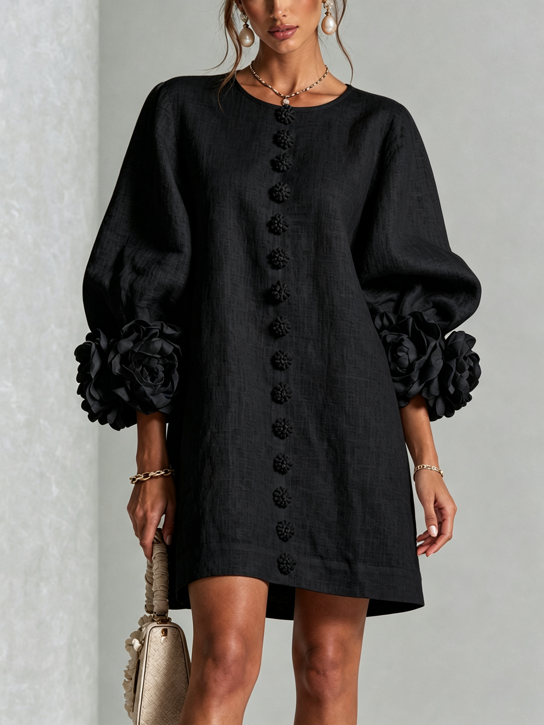 Cecilia | Relaxed Mini Dress with Rose Cuffs, Black - Maison Léa & Lou