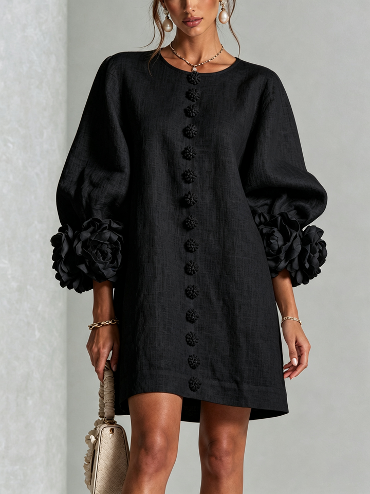 Cecilia | Relaxed Mini Dress with Rose Cuffs, Black - Maison Léa &amp; Lou