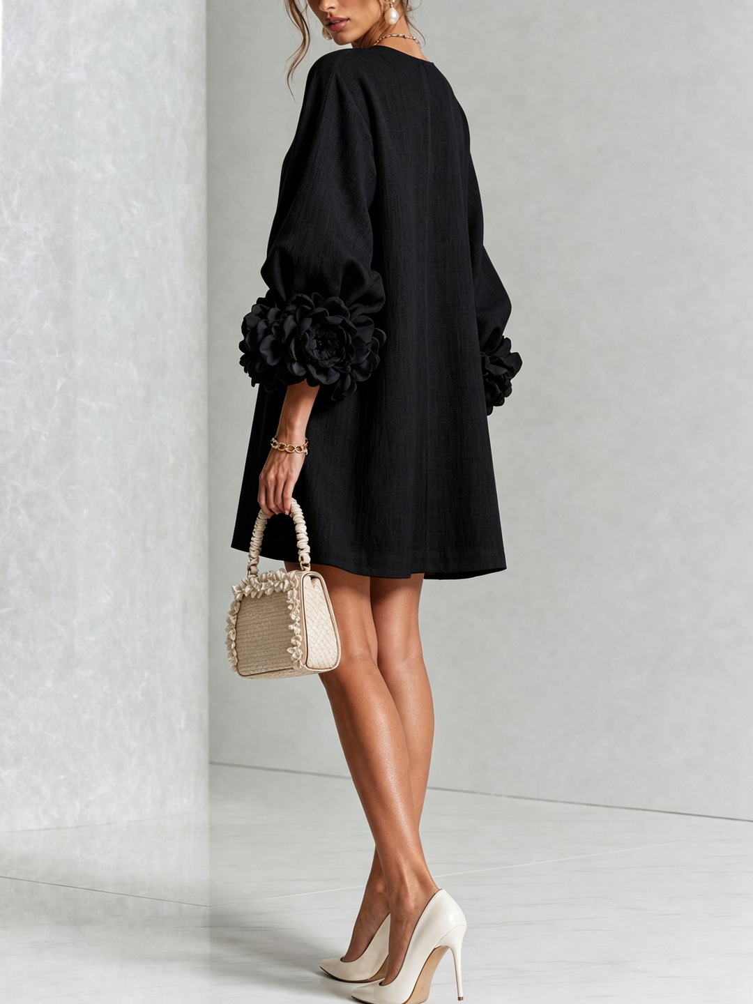Cecilia | Relaxed Mini Dress with Rose Cuffs, Black - Maison Léa &amp; Lou