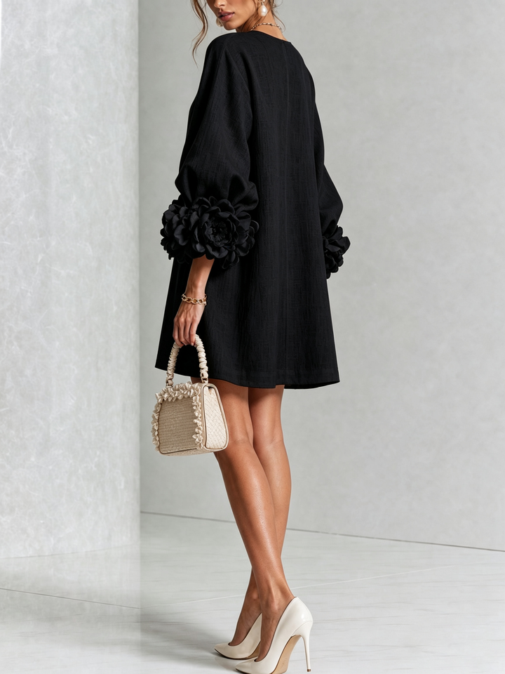 Cecilia | Relaxed Mini Dress with Rose Cuffs, Black - Maison Léa &amp; Lou
