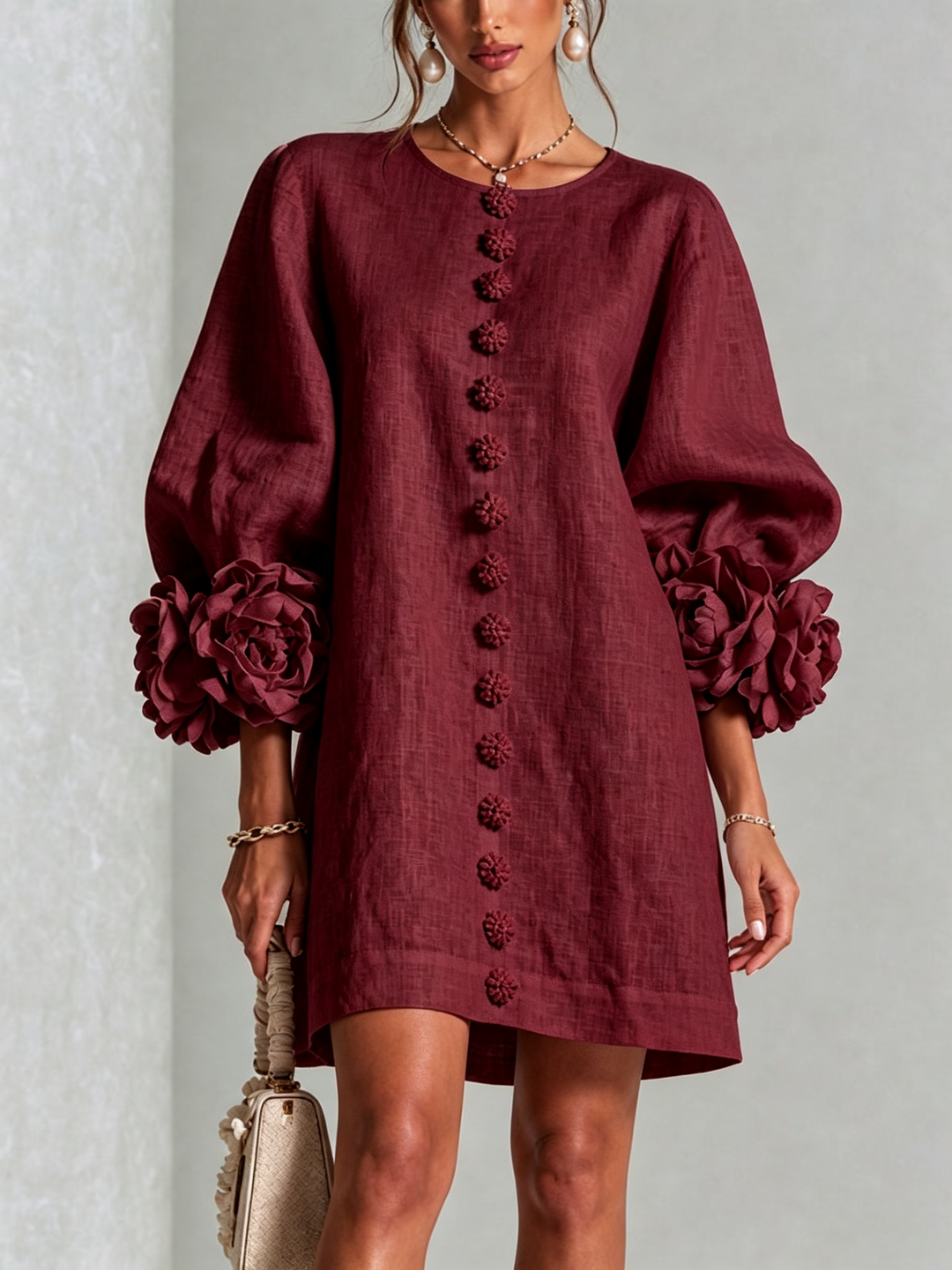Ilaria | Relaxed Mini Dress with Rose Cuffs, Burgundy - Maison Léa & Lou