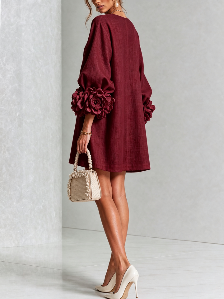 Ilaria | Relaxed Mini Dress with Rose Cuffs, Burgundy - Maison Léa &amp; Lou