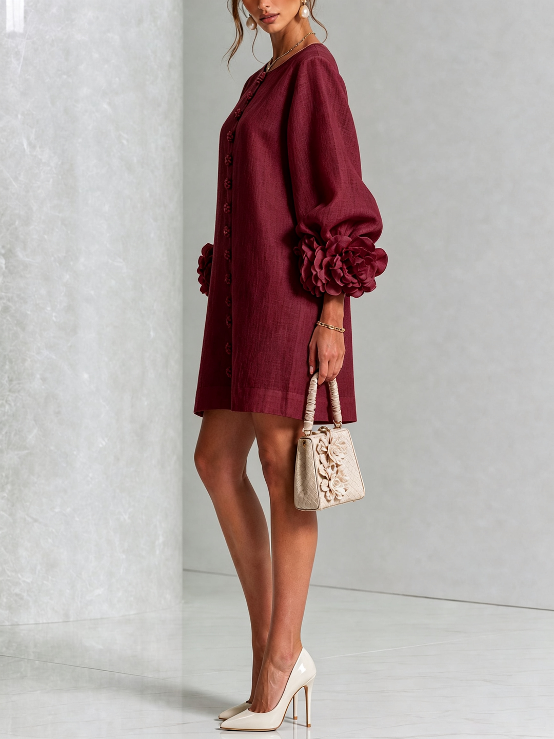 Ilaria | Relaxed Mini Dress with Rose Cuffs, Burgundy - Maison Léa &amp; Lou