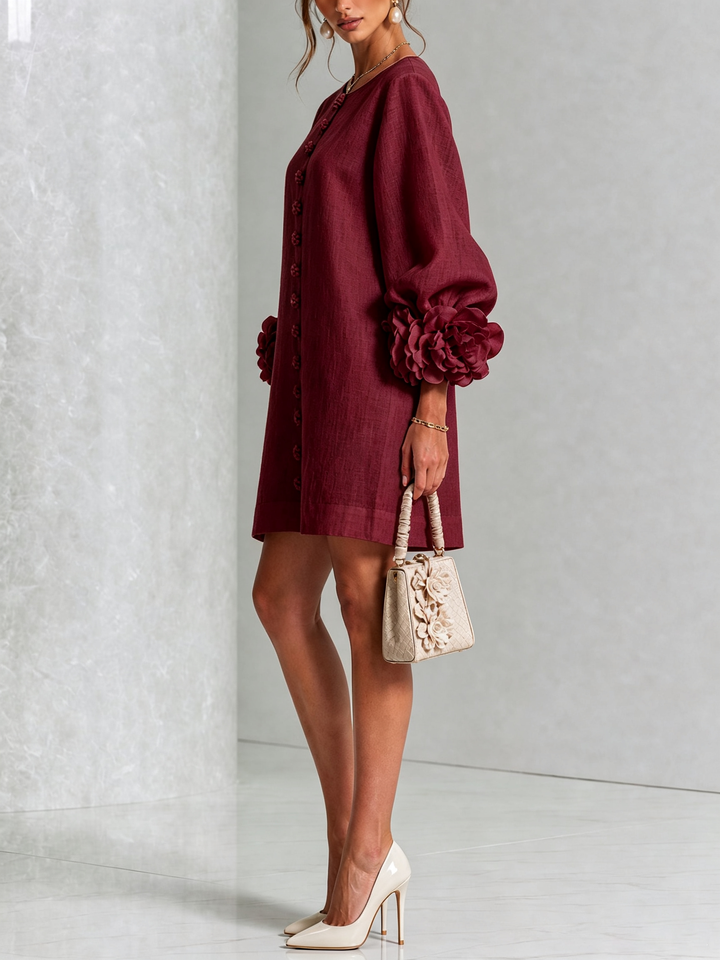 Ilaria | Relaxed Mini Dress with Rose Cuffs, Burgundy - Maison Léa &amp; Lou