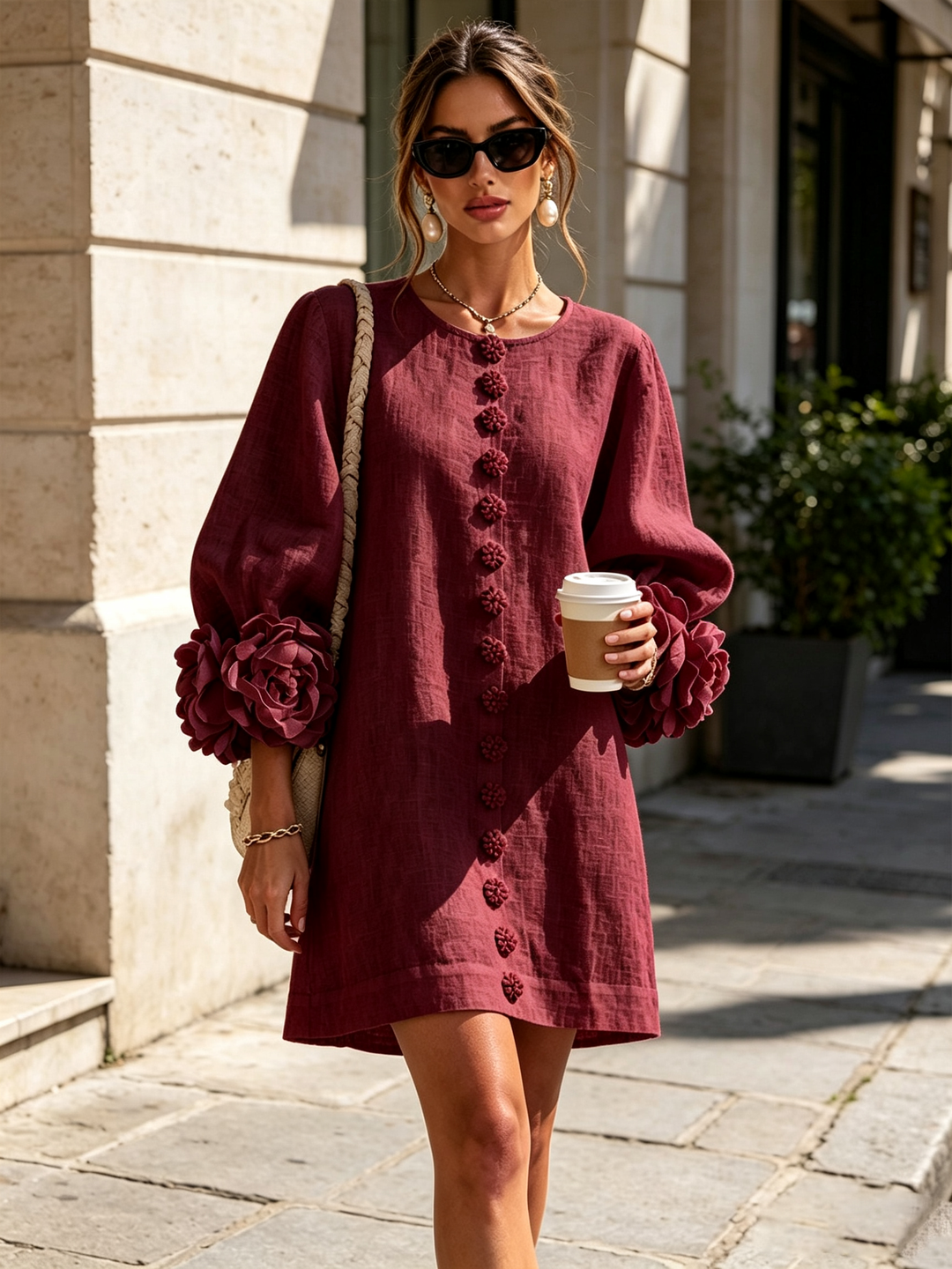 Ilaria | Relaxed Mini Dress with Rose Cuffs, Burgundy - Maison Léa &amp; Lou