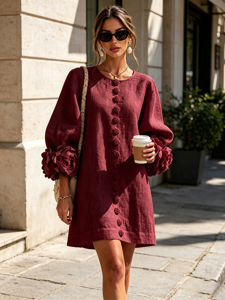 Ilaria | Relaxed Mini Dress with Rose Cuffs, Burgundy - Maison Léa &amp; Lou